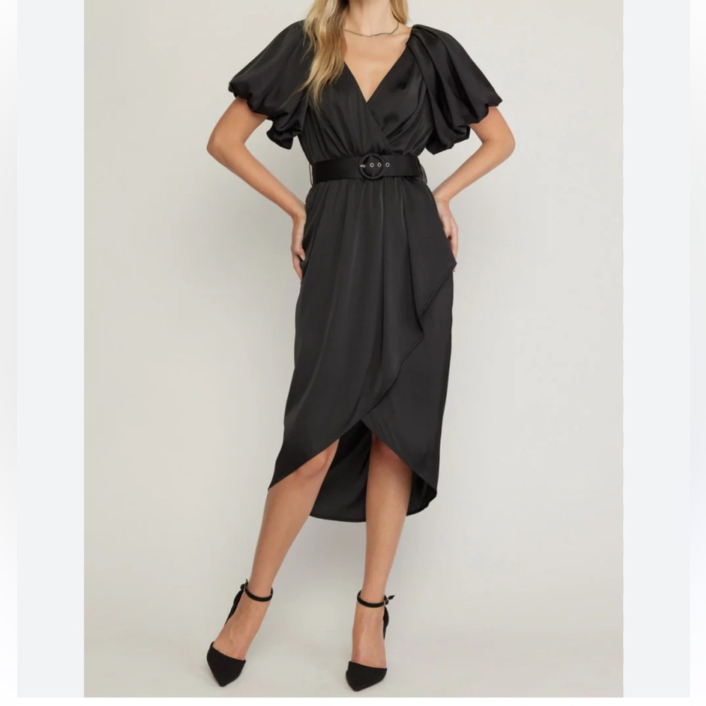 Entro Black Satin Bubble Puff Sleeves Faux Wrap Dress High Low Hem Belt‎ Midi S